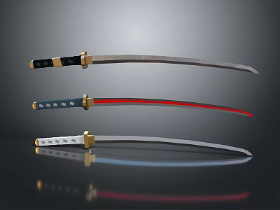 Three Traditional Samurai Swords With Decorative Handles And Colored Blades 3d model