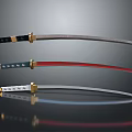 Three Traditional Samurai Swords With Decorative Handles And Colored Blades