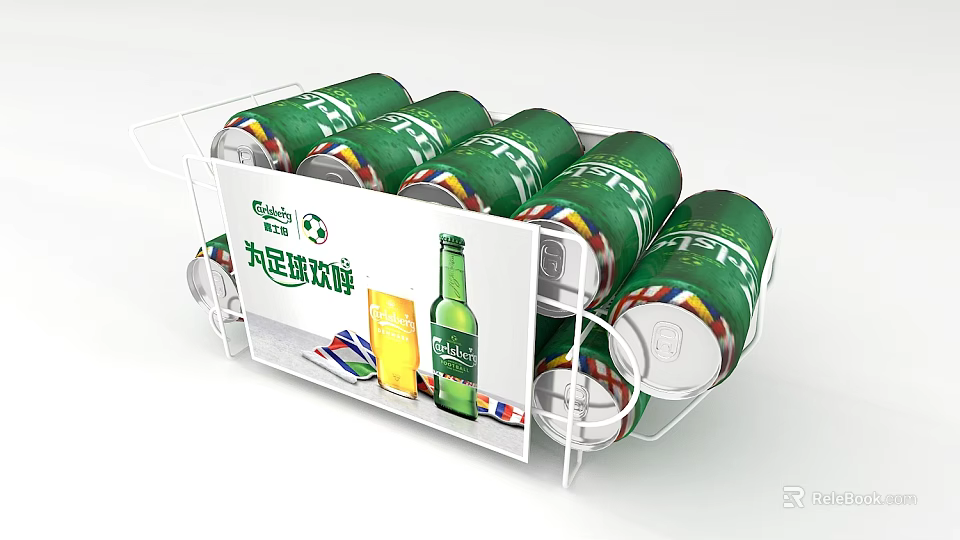 Tsingtao Beer Football Themed Canned Beer Display In Metal Rack With Signboard 3d model 