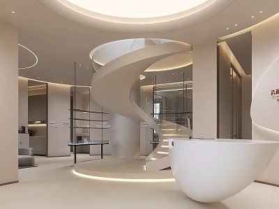 Modern Store Front Desk With Spiral Staircase White Curved Counter And Ambient Lighting 3d model
