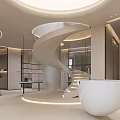 Modern Store Front Desk With Spiral Staircase White Curved Counter And Ambient Lighting