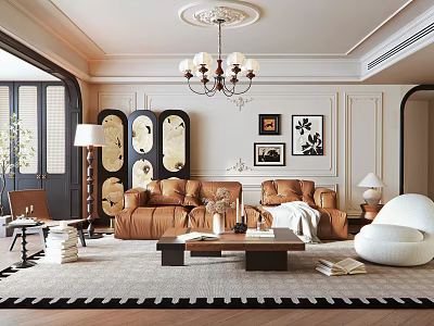 French Antique Living Room French Sofa Combination Leisure Chair Side Screen French Chandelier Decorative Painting 3d model