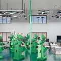 Automated Industrial Workshop Interior With Green Robotic Arms Workstations And Equipment