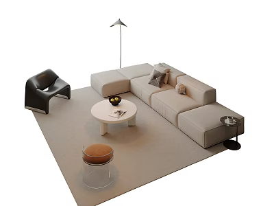Modern L Shaped Light Sofa And Round White Coffee Table Set With Armchair Floor Lamp 3d model