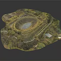 Aerial View of Scenic Landscape With Circular Structure Water Pond Green Trees and Paths