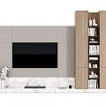 Modern TV Wall Design With Light Gray Panels Wooden Bookshelf Marble Countertop White Vase Flowers