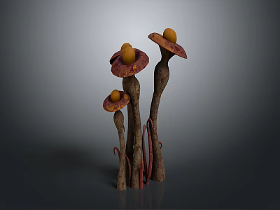 Three Creative Mushroom Shaped Food with Orange Round Tops Brown Stems and Red Lines 3d model