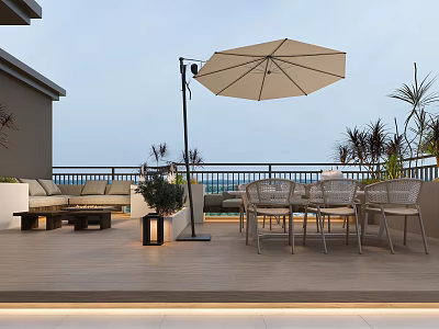 Roof Garden Relaxing Outdoor Space With Patio Furniture Sun Umbrella And Green Plants 3d model