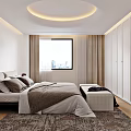 Modern Minimalist Bedroom Interior With Circular Ceiling Light Bed Bench Area Rug And Window Curtains