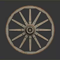 Vintage Wooden Cart Wheel With Spokes And Rustic Design On Reflective Surface
