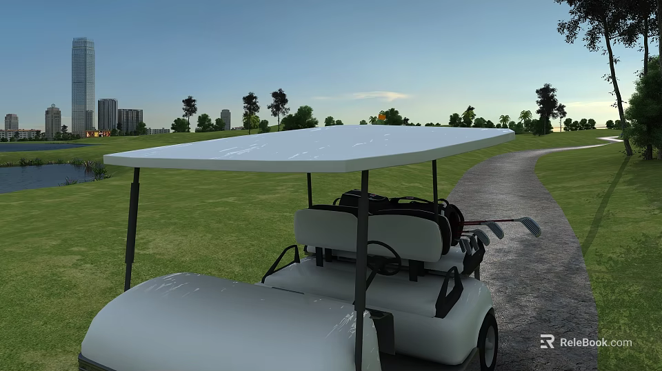 Scenic Garden Landscape With Green Lawn Trees Golf Cart And Pathway 3d model 