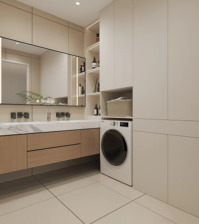 Modern Bathroom Interior Design With White Cabinets Washing Machine Marble Countertop And Mirror 3d model