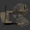 Ancient Stone Wall Fragments With Wooden Posts And Rubble Ground 3d model