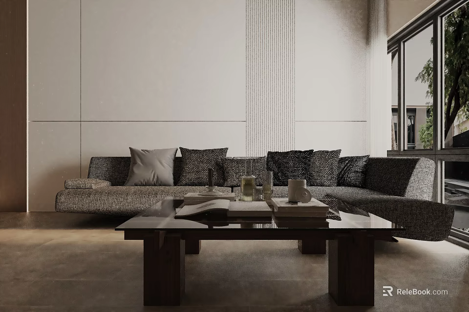 Elegant Modern Living Room Interior With Three Seater Sofa Plush Cushions And Wooden Coffee Table 3d model 