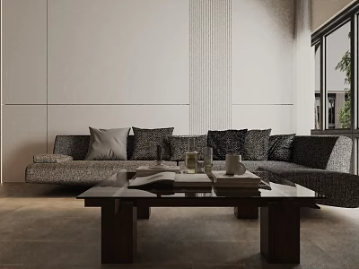 Elegant Modern Living Room Interior With Three Seater Sofa Plush Cushions And Wooden Coffee Table 3d model