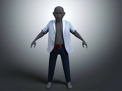 Full Body 3D Model Wearing Light Blue Open Shirt Dark Blue Pants And Red Belt 3d model