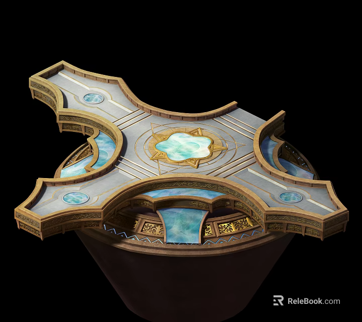 Cartoon Scene Featuring Geometric Platform Central Blue Area Golden Decorations And Circular Structures 3d model