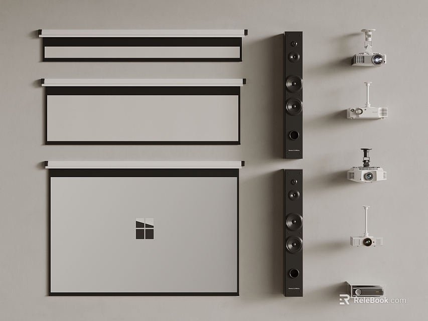 Multiple Projector Screens Black Speakers And White Cameras In Arranged 3d model 