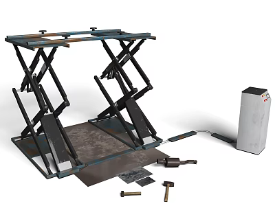 Heavy Duty Vehicle Lift With Metal Frame And Repair Tools Like Hammer Bolts 3d model