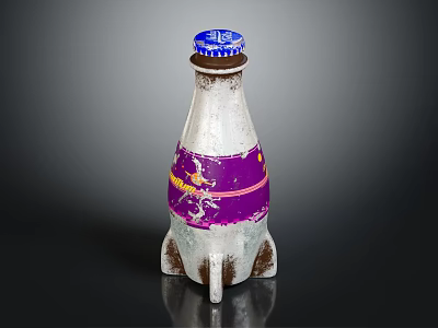 Vintage Metallic Bottle With Purple Label Blue Cap And Three Feet Base 3d model