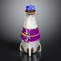 Vintage Metallic Bottle With Purple Label Blue Cap And Three Feet Base