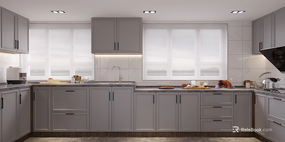 Modern Kitchen Interior With Gray Cabinets White Blinds Sink And Countertop Food Items 3d model 
