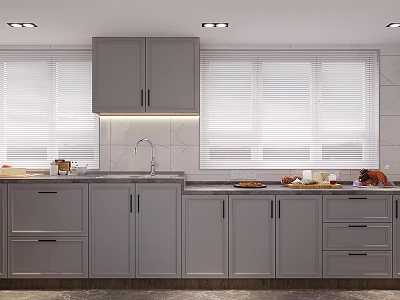 Modern Kitchen Interior With Gray Cabinets White Blinds Sink And Countertop Food Items 3d model