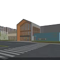 Modern School Building Exterior With Glass Windows Blue White Facade Greenery And Street Crosswalk