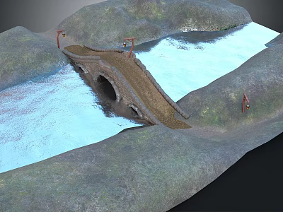 Scenic Natural Landscape With Rocky Hills Calm Water And Arched Stone Bridge 3d model