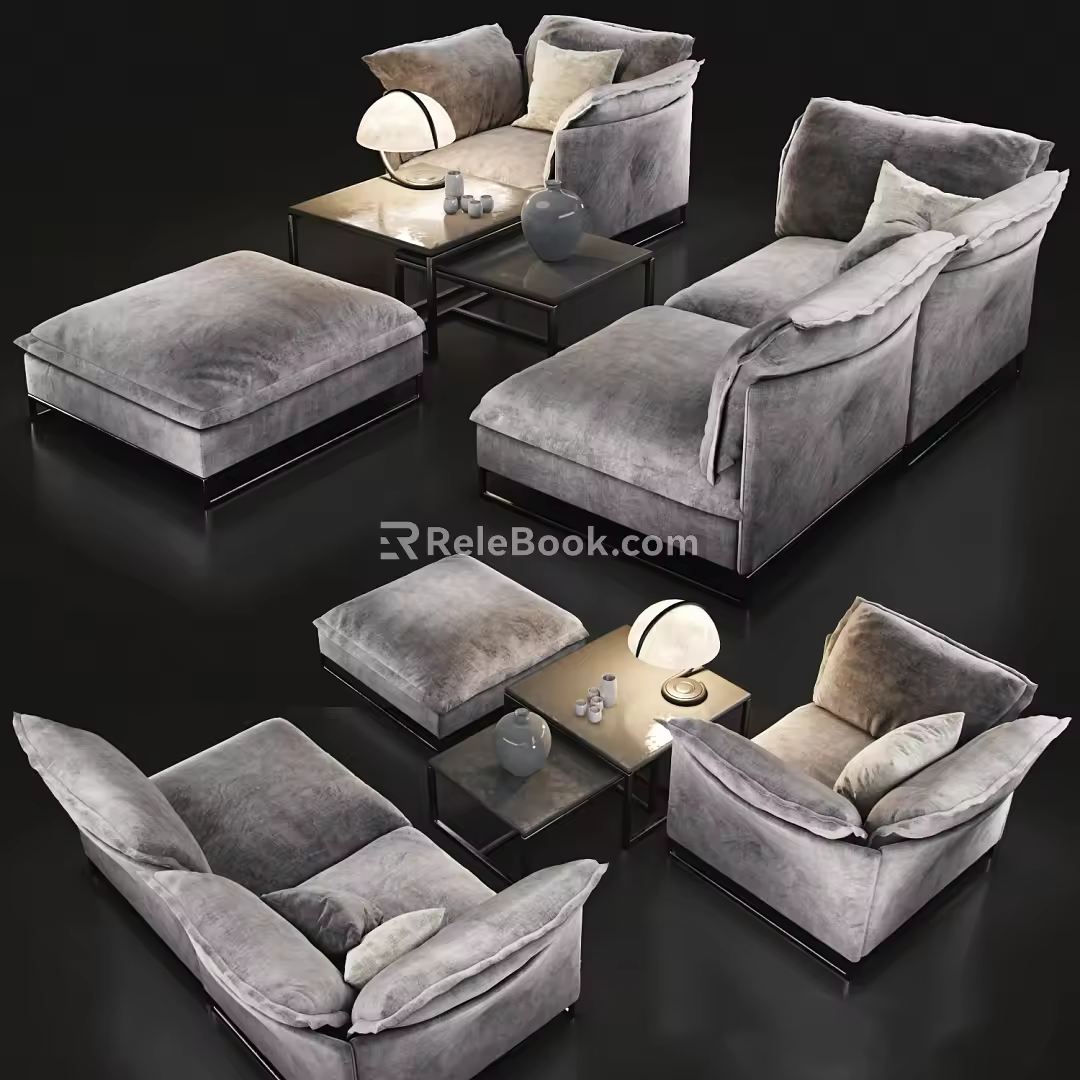 Modern Sofa Coffee Table Combination Modern Living Room Sofa Multi-person Sofa Coffee Table Carpet Pillow Blanket Table Lamp Simple 3d model