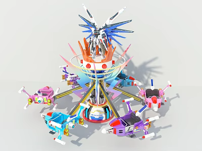 Colorful Rotating Amusement Ride With Multiple Cabins And Decorative Top Structure For Kids 3d model