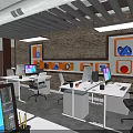 Contemporary Office Furniture Setup Featuring Desks Computers Chairs Plants And Lighting