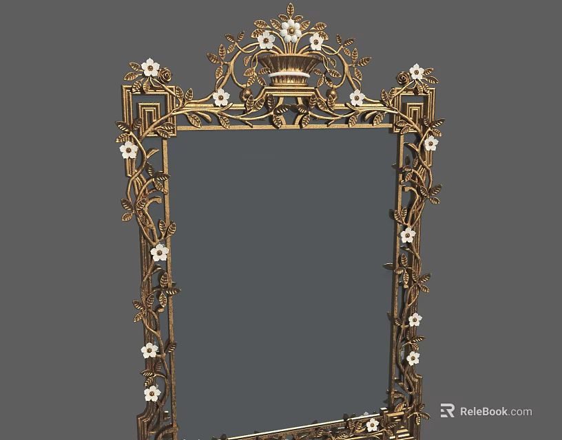 Golden Decorative Photo Frame with Floral Patterns and Top Vase Ornament Design 3d model 