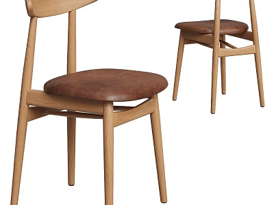 Modern Wooden Dining Chairs With Brown Leather Seat And Simple Design 3d model