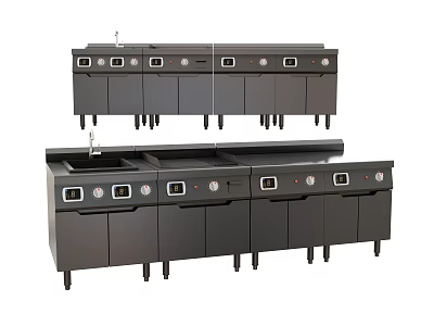 Commercial Stainless Steel Kitchen Appliances with Multiple Workstations Control Panels and Faucet 3d model