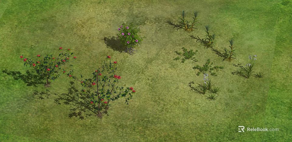 Green Grassland With Various Flowers Red Flowering Shrubs Purple Blossom Plants And Slender Leaf Herbs 3d model 
