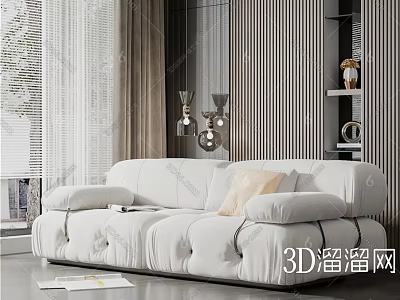 Modern White Two Seater Sofa in Living Room with Decorative Lights and Curtains 3d model
