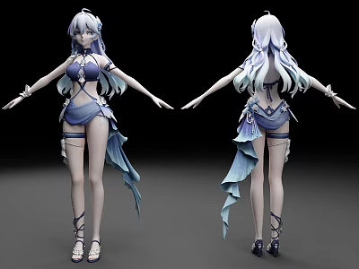 3D Model Of Female Character With White Blue Hair Blue Outfit Flowing Skirt And Sandals 3d model