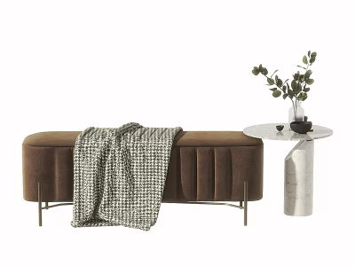 Brown Ottoman With Blanket And Side Table Featuring Vase And Greenery 3d model