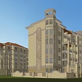 Modern Residential Buildings With Clock Tower Red Roof Waterfront Green Lawn And Stone Railings