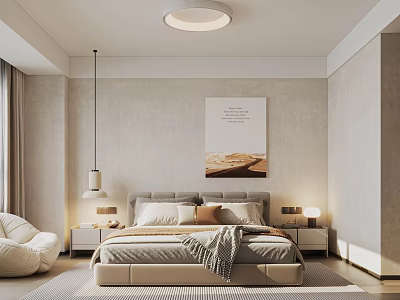 Cozy Modern Bedroom Interior With Beige Bed Nightstands Wall Art And Pendant Light 3d model