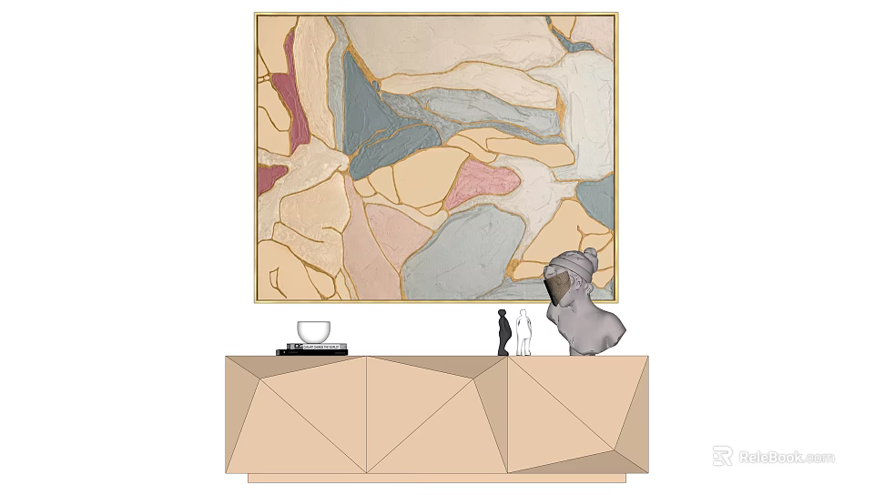 Abstract Painting With Soft Color Tones On Geometric Cabinet With Decorative Pieces 3d model 