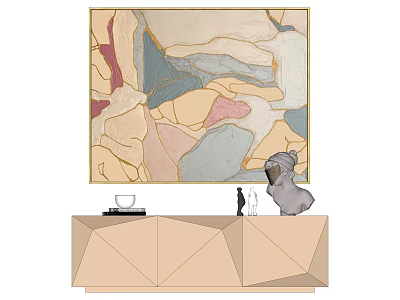 Abstract Painting With Soft Color Tones On Geometric Cabinet With Decorative Pieces 3d model