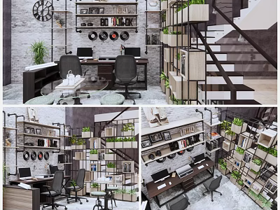 Industrial Office Interior Design With Bookshelves Green Plants Desk Chairs And Staircase 3d model