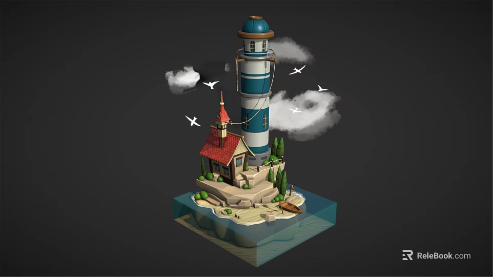 Cartoon Scene with Lighthouse Small House Flying Birds Clouds and Water Around Island 3d model 