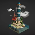 Cartoon Scene with Lighthouse Small House Flying Birds Clouds and Water Around Island