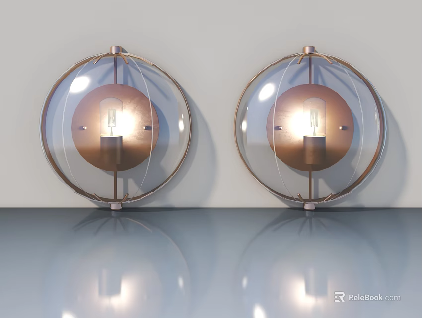 Modern Swing Door Design With Round Glass Wall Lamps And Reflective Floor 3d model 