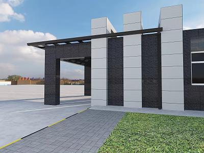 Modern Entrance Gate With Gray And Black Stone Walls Black Canopy Grass And Paved Ground 3d model