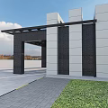 Modern Entrance Gate With Gray And Black Stone Walls Black Canopy Grass And Paved Ground