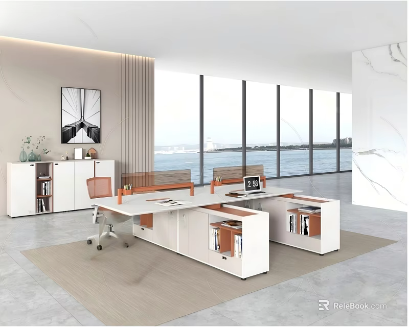 Modern Office Interior With Large Windows Sea View Desks And White Cabinets 3d model 